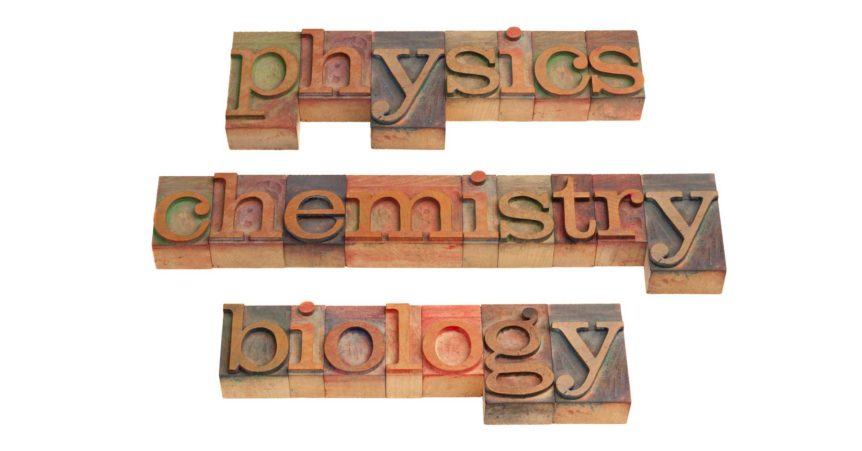 physics chemistry biology spelled out in printer's letters