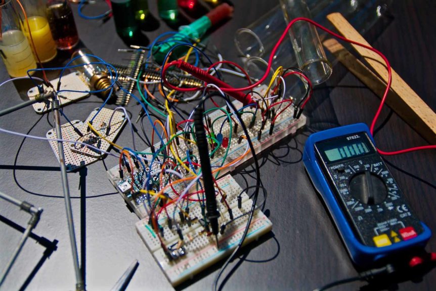 electrical circuit board on lab table