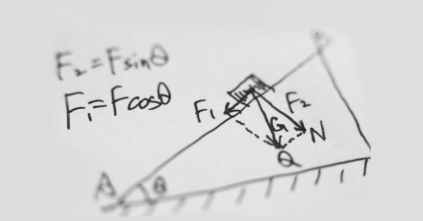 handwritten calculation of force with drawing of an angle